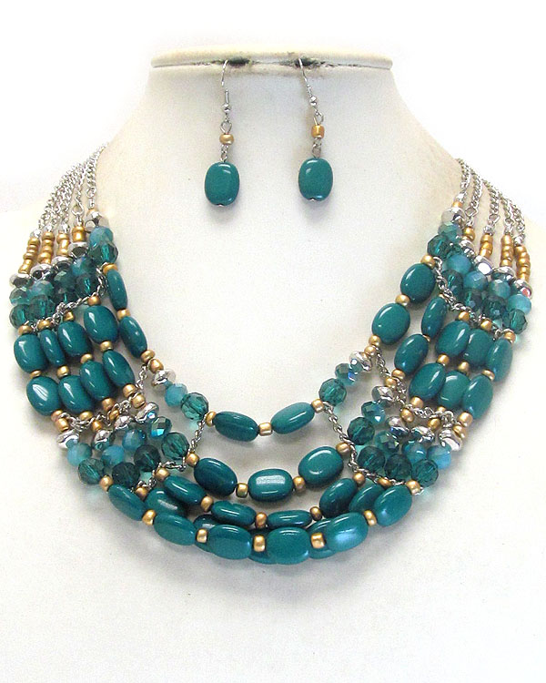 Color stone deco multi layer necklace earring set