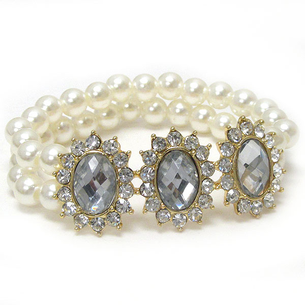 Triple crystal flower link and double pearl chain stretch bracelet