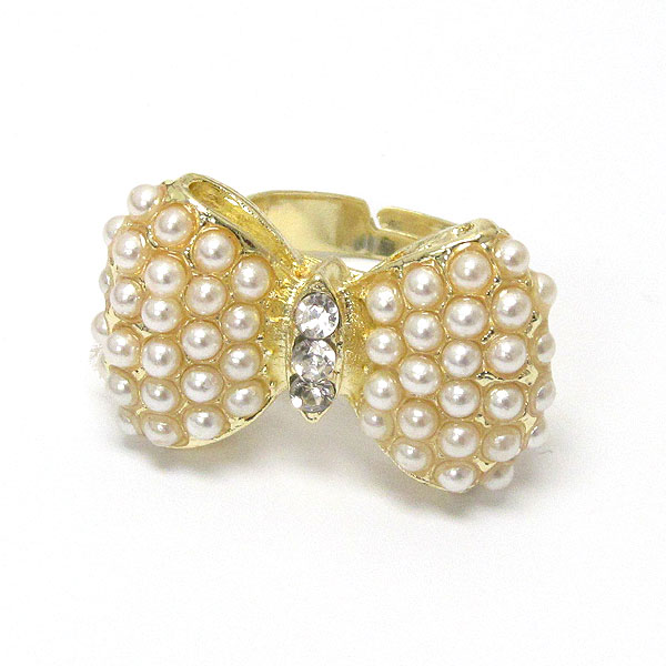 Crystal and pearl deco bow adjustable ring