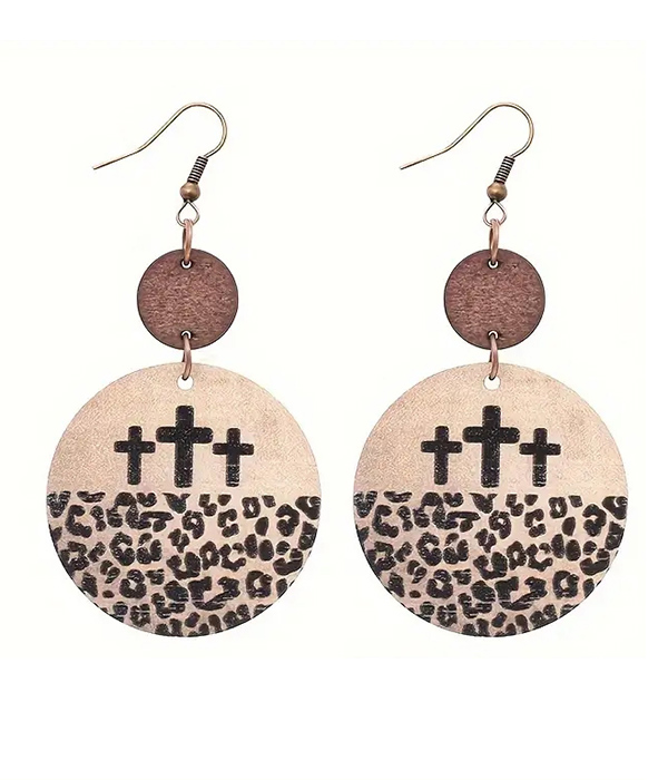 Animal print and cross wood disc earring