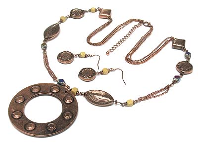 Metal stud large donut pendant and disk link necklace and earring set