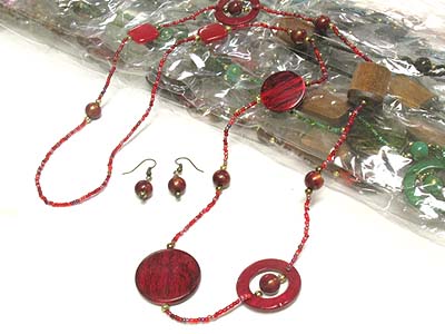 Dozen multi shape wood and shell seed beads necklace and earring set mens jewelry