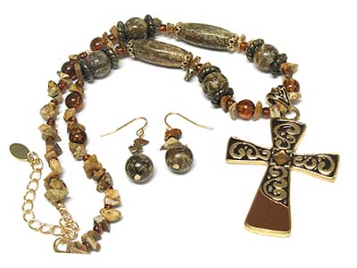 Metal casting cross pendant and natural stone deco strand necklace and earring set 