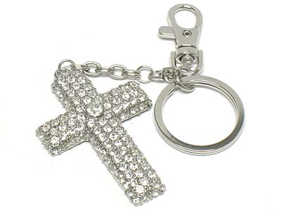 Crystal stone paved cross charm key chain