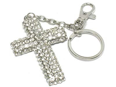 Crystal stone paved cross charm key chain