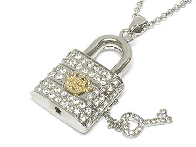 Crystal paved crown sign lock and key charm necklace