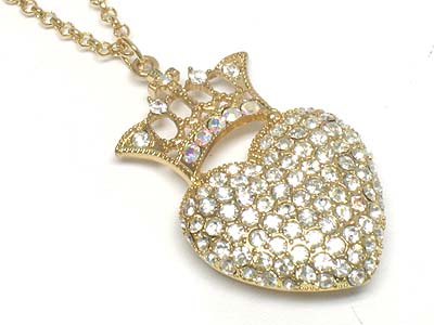 Crystal paved heart and crown pendant necklace