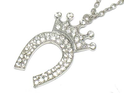 Crystal paved horse shoe and crown pendant necklace 