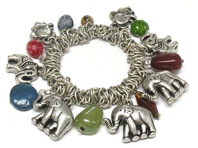 Metal elephant and natural bead charms stretch bracelet