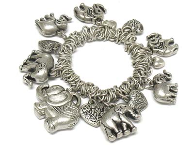 Multi size metal elephant and casting heart charms stretch bracelet 