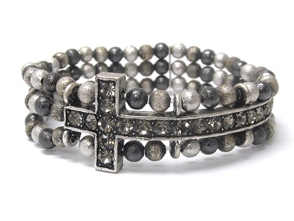 Crystal stud cross and sand paper metal ball stretch bracelet