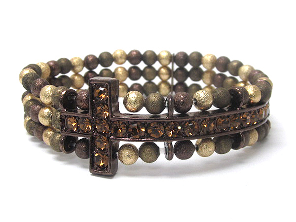 Crystal stud cross and sand paper metal ball stretch bracelet