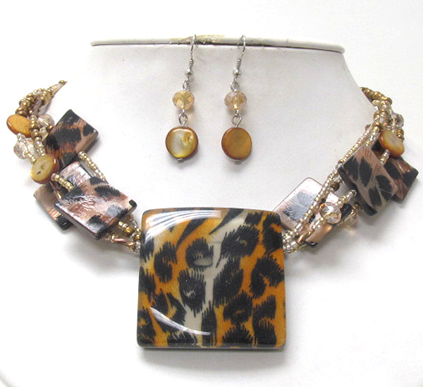 Leopard print square and seed bead necklace earring set