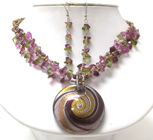 Murano glass disk pendant and chip stone necklace earring set