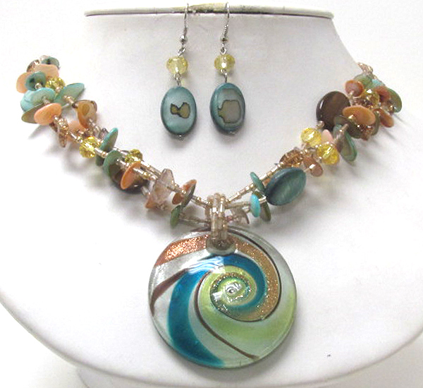 Murano glass disk pendant and chip stone necklace earring set