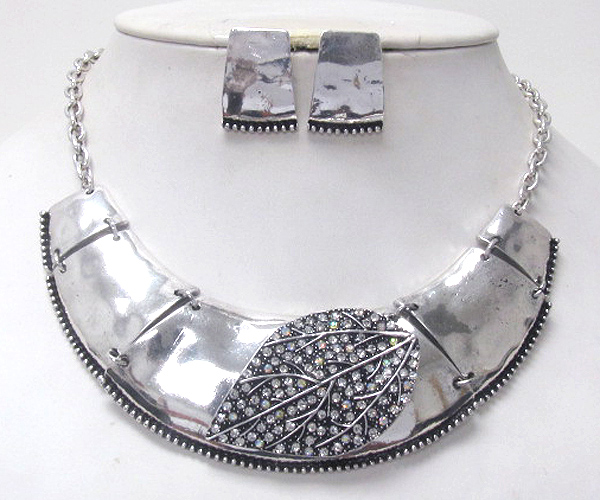 Crystal deco leaf deco metal bib necklace earring set