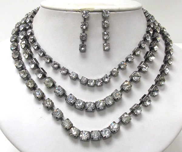 Triple line crystal chain necklace earring set