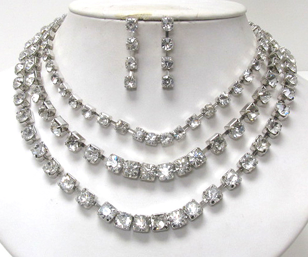 Triple line crystal chain necklace earring set