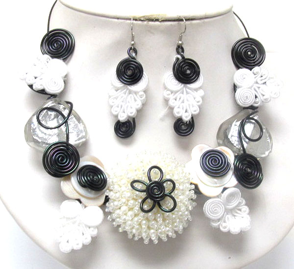 Multi pearl and fabric and shell deco flower wire art necklace earring set