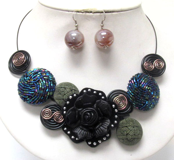 Leatherette flower and seed bead deco disk wire art necklace earring set