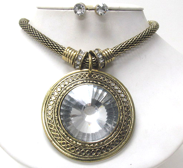 Large facet glass and metal filigree disk pendant and tube chain necklace earring set