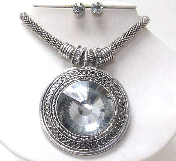 Large facet glass and metal filigree disk pendant and tube chain necklace earring set