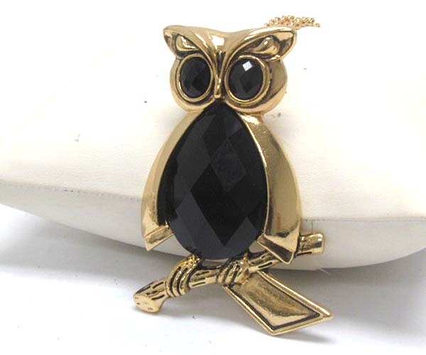 Owl on branch pendant long necklace