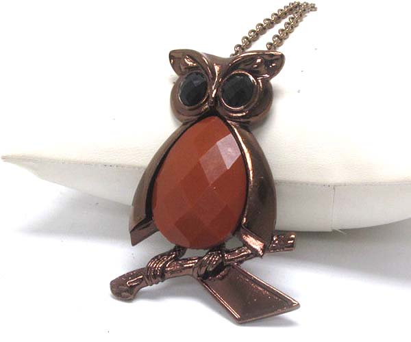 Owl on branch pendant long necklace