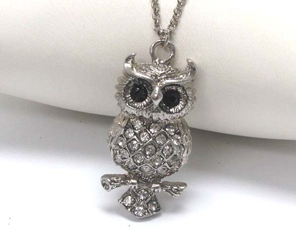 Crystal deco owl on branch long necklace