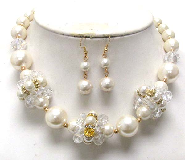 Multi pearl and crystal rondelle deco link necklace earring set