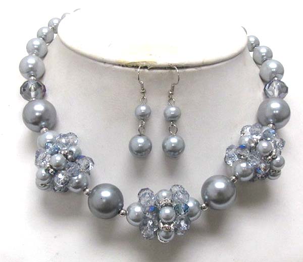 Multi pearl and crystal rondelle deco link necklace earring set