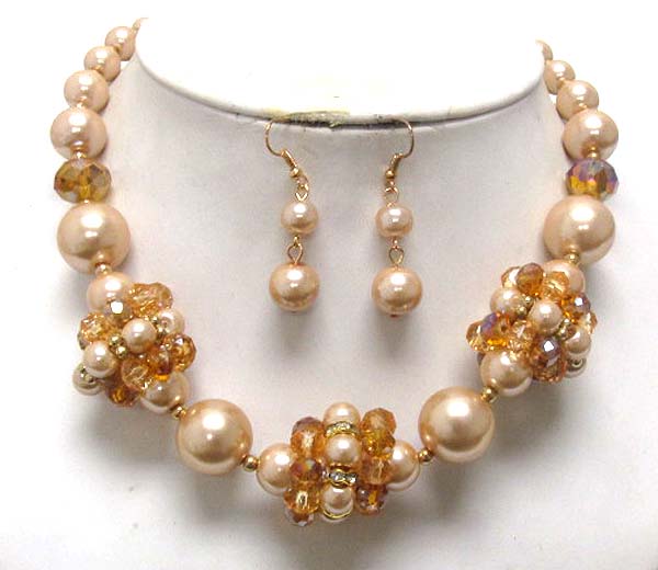 Multi pearl and crystal rondelle deco link necklace earring set