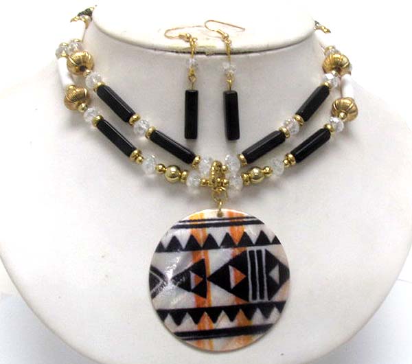 Aztec inspired pattern shell disk and multi bead link necklace earring set -western