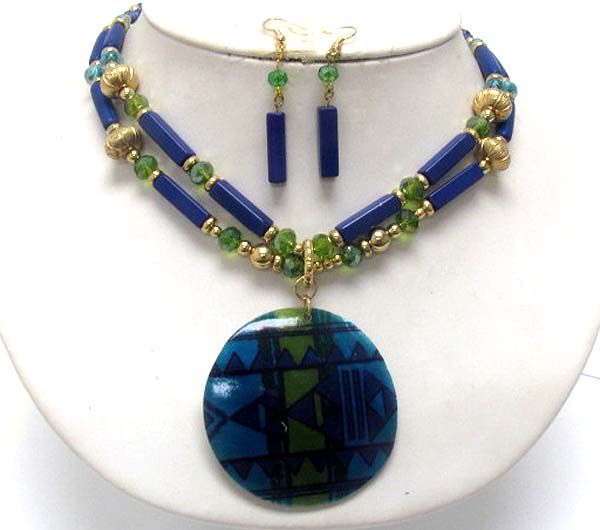 Aztec inspired pattern shell disk and multi bead link necklace earring set -western