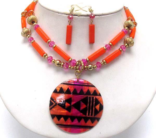 Aztec inspired pattern shell disk and multi bead link necklace earring set -western