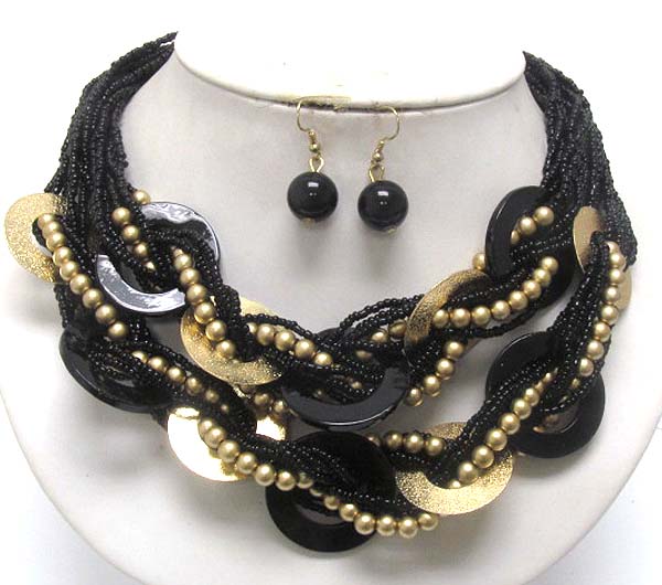 Multi seed bead and chain and metal shell donut link necklace earring set