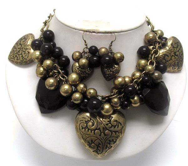 Metal filigree puff heart and multi metal ball dangle necklace earring set