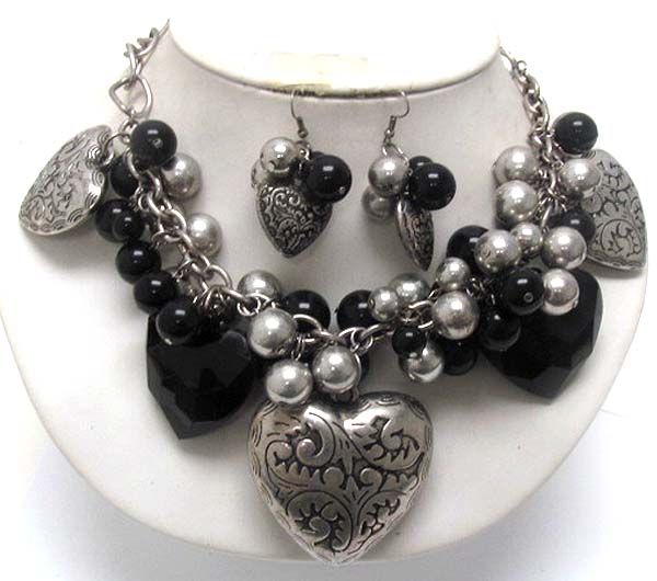 Metal filigree puff heart and multi metal ball dangle necklace earring set