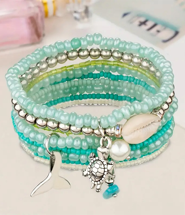 Sealife theme multi glass bead mix 3 stretch bracelet set