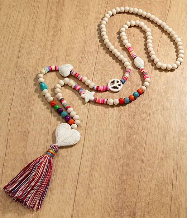 Boho style wood bead chain and heart pendant long necklace