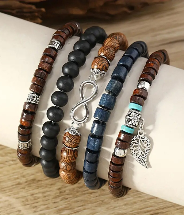 Multi wood bead mix 5 piece stretch bracelet set