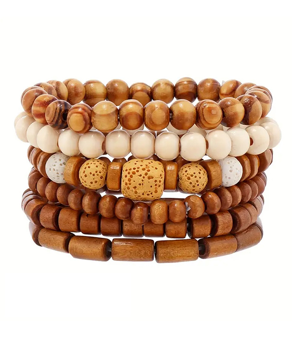 Multi wood bead mix 6 piece stretch bracelet set