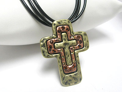 Crystal stud hammered metal cross pendant cord necklace