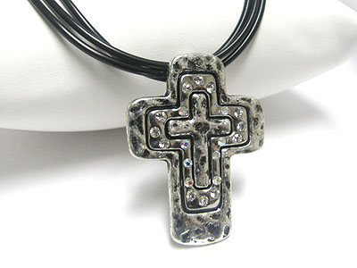 Crystal stud hammered metal cross pendant cord necklace