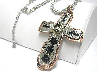 Tri tone hammered metal cross pendant necklace