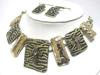 Animal pattern metal square disk link necklace earring set