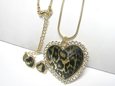 Animal pattern crystal and glass heart pandent necklace earring set