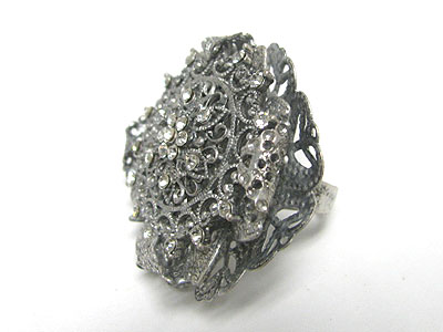 Antique style crystal and metal filigree ring - adjustable size