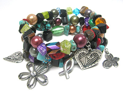 Multi charm triple row mixed stone and beads stretch bracelet