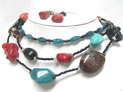 Multi mixed natural stone long necklace earring set